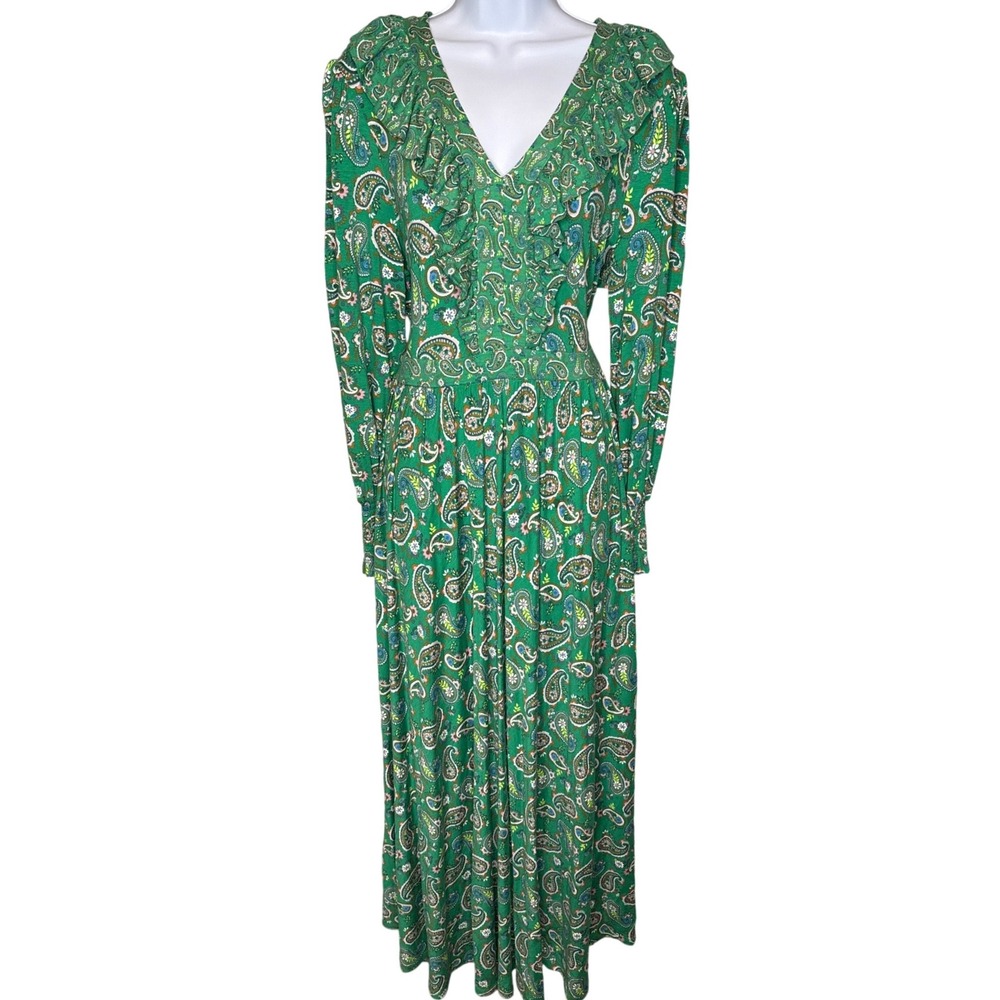 Boden Green Floral Paisley Maxi Dress 12R Long Sleeve Ruffle V-Neck Tiered Boho